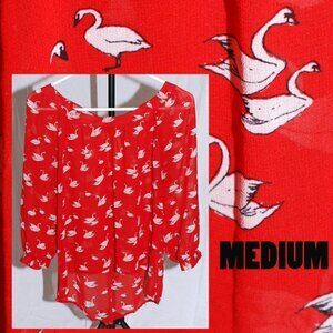 Forever 21 Womens Medium Swan Red Sheer Top Blouse Peekaboo back Scoop Neck EUC